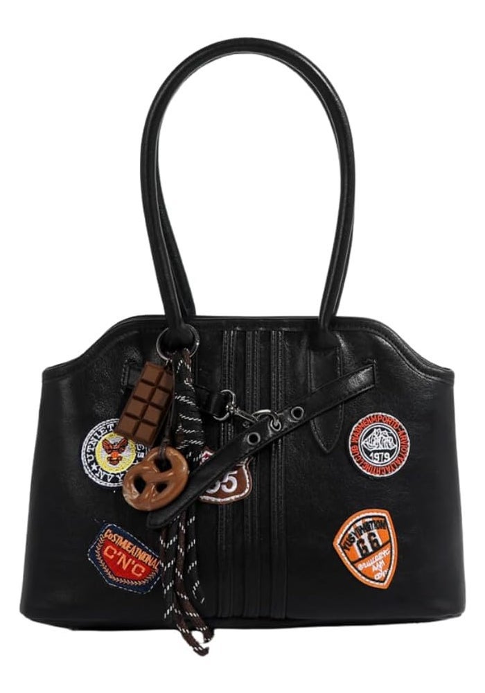 Glitters Vintage Style Leather Handbag with Patches and Decorative Charms - Black - Image 1