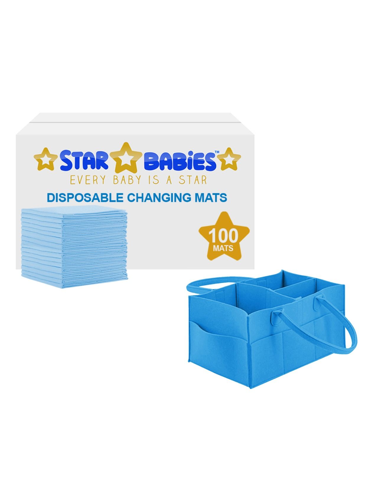 Star Babies Disposable Changing Mat Blue 100pcs with caddy diaper bag
