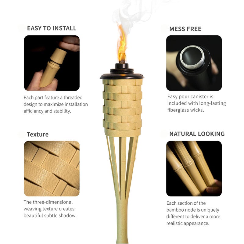 ONETHATCH Faux Bamboo Outdoor Torches (Sundried Color, 4pack); Large Island Citronella Torch for Garden Lighting, Luau Party, and Tropical Decor; Easy Refill Wide-Mouth Canister, Stands 60” Tall - Image 4