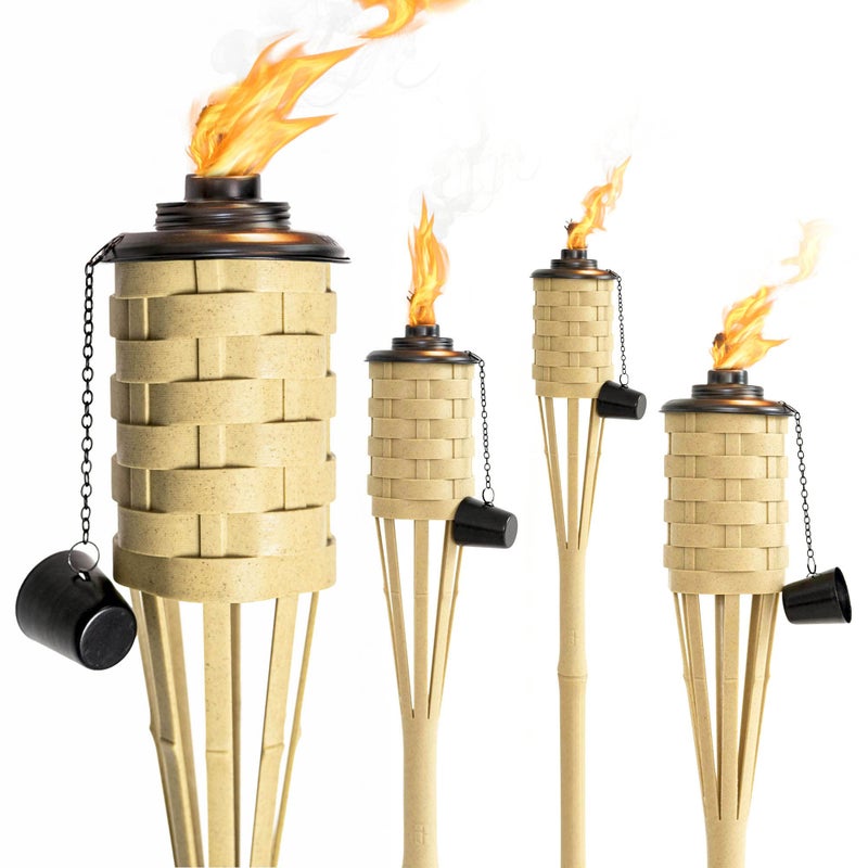 ONETHATCH Faux Bamboo Outdoor Torches (Sundried Color, 4pack); Large Island Citronella Torch for Garden Lighting, Luau Party, and Tropical Decor; Easy Refill Wide-Mouth Canister, Stands 60” Tall - Image 1