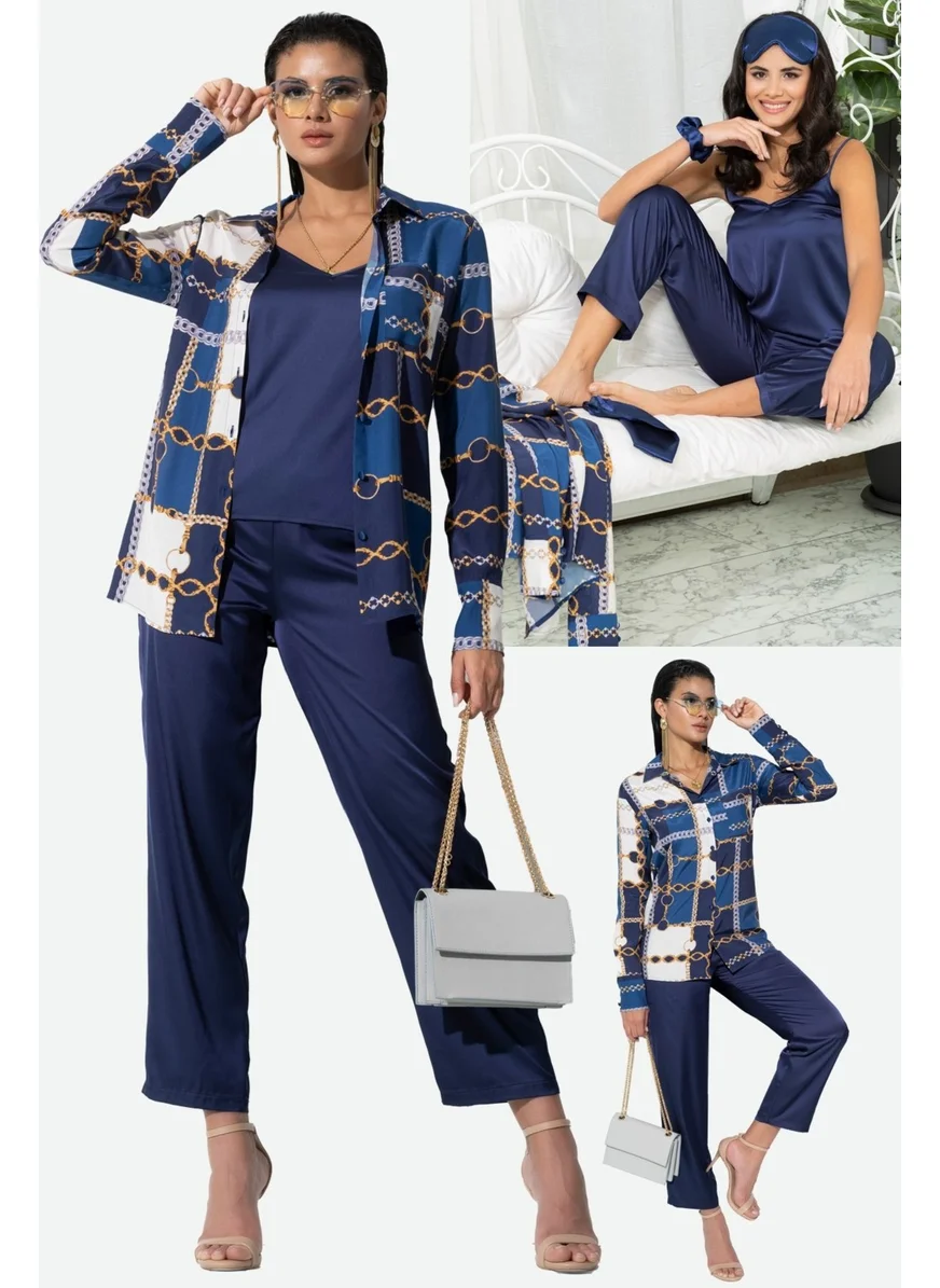 For You In&Out 6-Piece Chain Pattern Navy Blue Pajama Set S27395