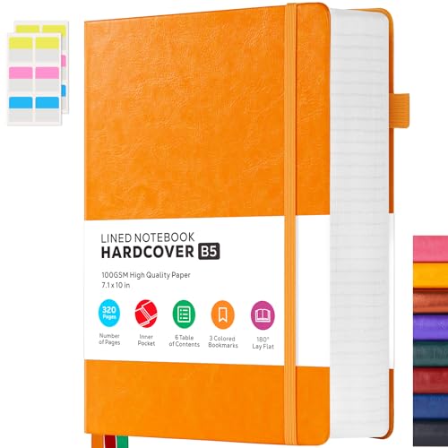 FOCUS DAY Leather Lined Notebook Journal, 320 Pages Hardcover Notebook Journals for Writing Note Taking Women & Men, B5 (7.1'' X 10'') College Ruled Daily Notebook Journal, Orange - Image 1