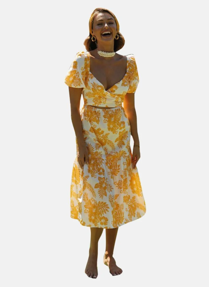 يونيكي Yellow Fit & Flare Sweetheart Neck Printed Dress