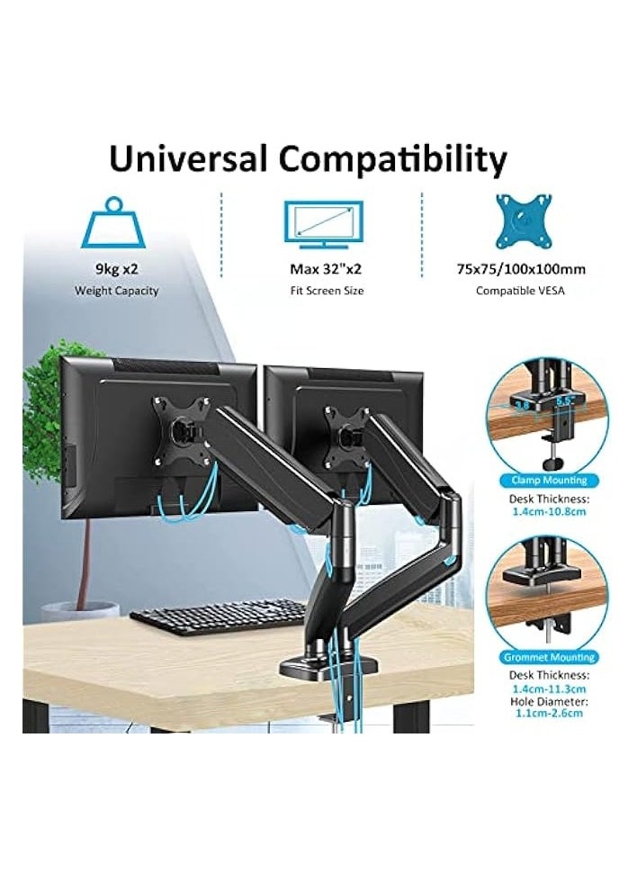 erorex - Dual Monitor Arm,Monitor Desk Mount Stand With Fully Adjustable Gas Spring for 15-32 inch Flat/Curved Computer Screens,75x75/100x100mm VESA Mount,C Clamp/Grommet Base for 2 Computer Screen - Image 1