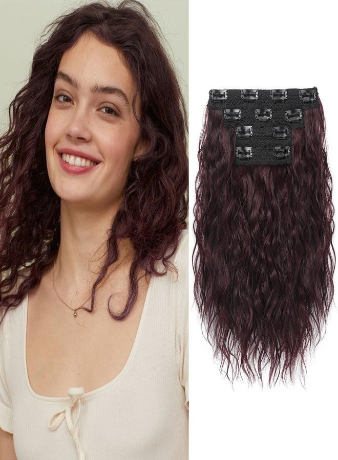 REECHO 4PCS Clip in Hair Extensions - 12" Short Curly Wavy Brown Invisible Lace Weft Natural Soft Hairpieces for Women - Burgundy - Image 1