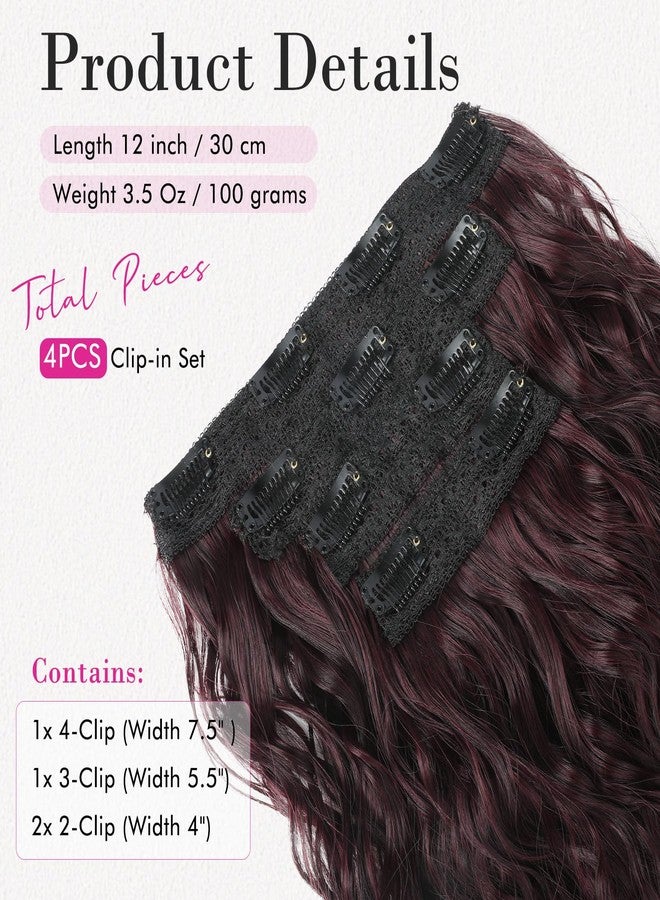 REECHO 4PCS Clip in Hair Extensions - 12" Short Curly Wavy Brown Invisible Lace Weft Natural Soft Hairpieces for Women - Burgundy - Image 2
