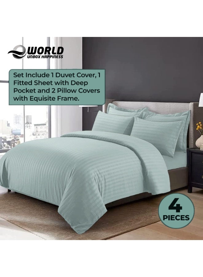 إي وورلد مجموعة فاخرة مكونة من 4 قطع لسرير ملكي باللون أخضر باستيل المخطط تتضمن 1 غطاء لحاف (220x240 سم)، 1 شرشف سرير مطاطي (200x200+30 سم)، و 2 حالة وسادة (48x74+5 سم) لتجربة أناقة فاخرة مستوحاة من الفنادق. - Image 5