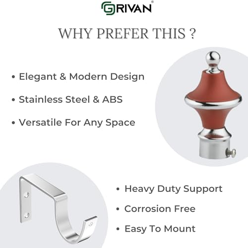GRIVAN Stainless Steel & ABS Curtain Bracket Parda Holder with Support 1 Inch Rod Pocket Finials Designer Door and Window Rod Support Fittings, Curtain Rod Holder (Pair of 5, Maroon ) - Image 3