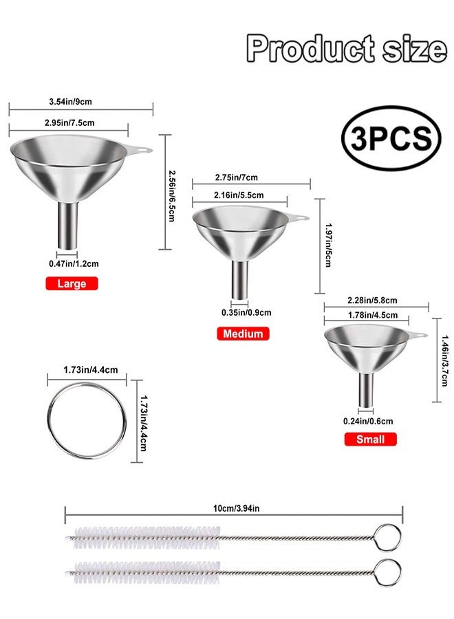 Stainless Steel Funnel Set, 3pcs Metal Kitchen Funnels with 2 Cleaning Brushes for Transferring Jam, Cooking Oils, Liquids, Powders(1.78inch/ 2.16inch/ 2.95inch)  - Image 2