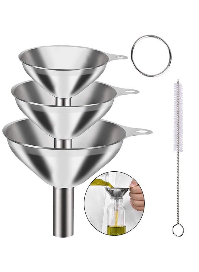 مجموعة قمع من الفولاذ المقاوم للصدأ، 3 قطع قمع معدني للمطبخ مع فرشاة تنظيف واحدة لنقل المربى وزيوت الطهي والسوائل والمساحيق (1.78 بوصة/2.16 بوصة/2.95 بوصة) - Image 1