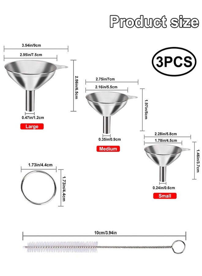 مجموعة قمع من الفولاذ المقاوم للصدأ، 3 قطع قمع معدني للمطبخ مع فرشاة تنظيف واحدة لنقل المربى وزيوت الطهي والسوائل والمساحيق (1.78 بوصة/2.16 بوصة/2.95 بوصة) - Image 2