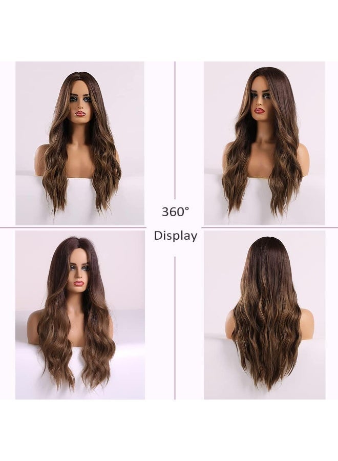 HZYH Long Wavy Brown Wig for Women, 65cm Heat Resistant Synthetic Curly Wig with Middle Part, Natural Looking Layered Brunette Wig for Daily Wear, Cosplay, Party - Image 2