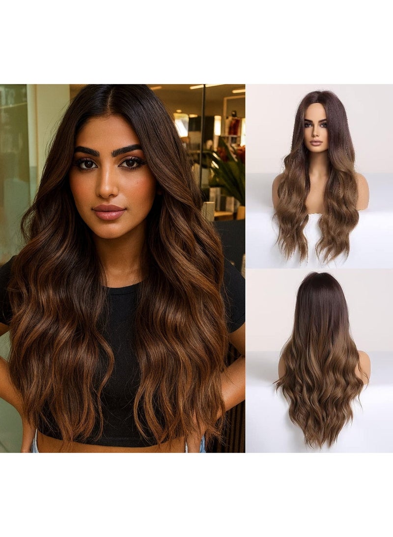 HZYH Long Wavy Brown Wig for Women, 65cm Heat Resistant Synthetic Curly Wig with Middle Part, Natural Looking Layered Brunette Wig for Daily Wear, Cosplay, Party - Image 1