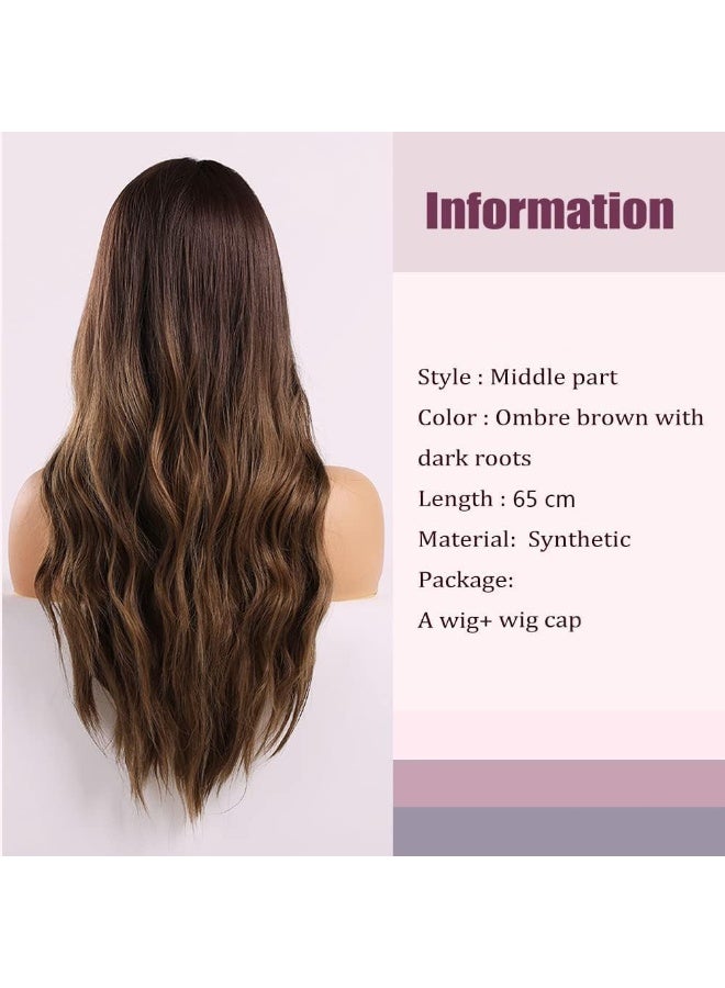 HZYH Long Wavy Brown Wig for Women, 65cm Heat Resistant Synthetic Curly Wig with Middle Part, Natural Looking Layered Brunette Wig for Daily Wear, Cosplay, Party - Image 3
