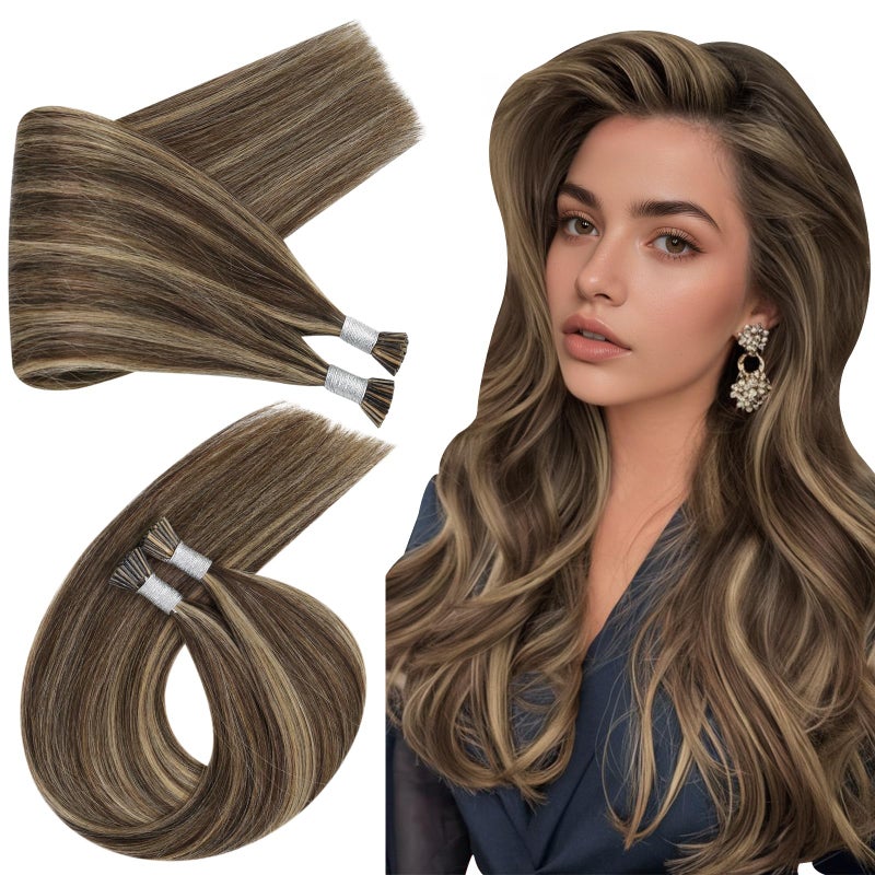 Ugeat Highlight Itip Human Hair Extensions Dark Brown I Tip Hair Extensions Human Hair Itip Extensions Caramel Blonde Long Length 22 Inch to Add Volume By Cold Fusion No Damage for Women 50S