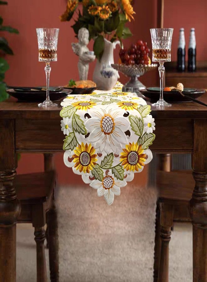AMZALI Rectangular Table Runner, Embroidered Sunflower Cutwork Floral Dresser Scarf for Home Kitchen Dining Holiday Party Tabletop Decoration 14"x 70" - Image 1
