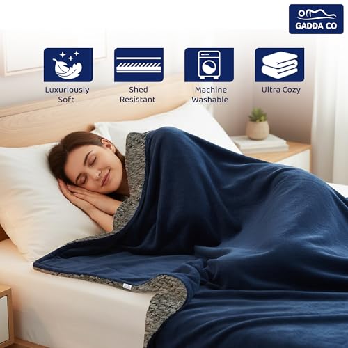 GADDA CO Polyester Micromink AC Blanket for Summer | Super Soft Sherpa & Flannel Double Bed Dohar/Comforter | Lightweight, Skin-Friendly, Solid Dark Blue Blanket | Size 220 x 228 cm - Image 3