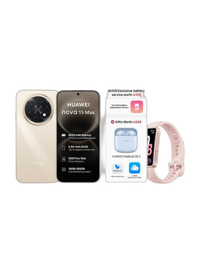 HUAWEI nova 15 Max Dual SIM Blush Gold Smartphone 8+8GB RAM + 256GB with Free FreeBuds SE 2 & Exclusive Battery Service & 1 Year HUAWEI Care (Virtual)  - Middle East Version & Band 10 Smartwatch, Compatible with iOS Android, Emotional Wellbeing Assistant, Fast Charging And Robust Battery Life, Comfortable Wearing, Pro-Level Sleep Analysis, Pink Bundle - Image 1