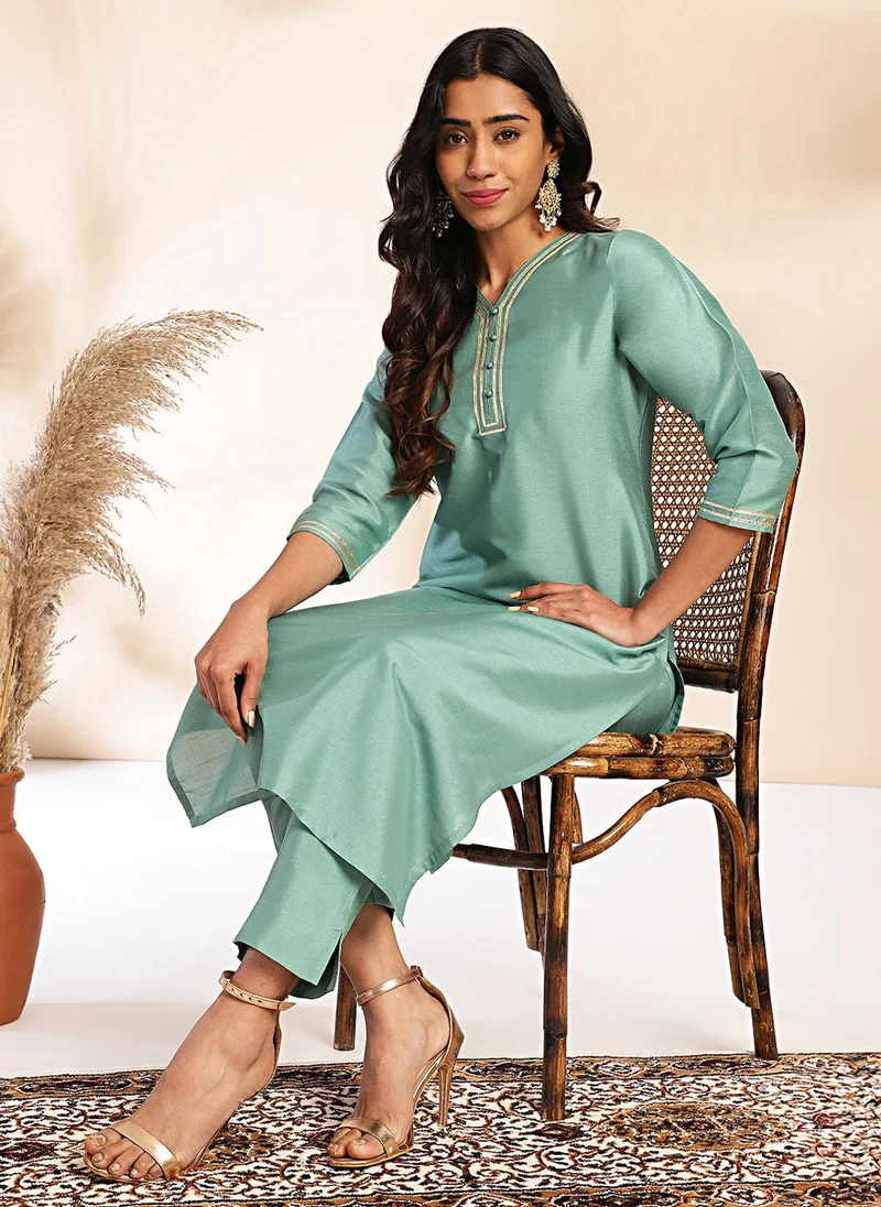 زيري سوق Sage Green Crepe Silk V-Neck 2-Piece Kurta Set