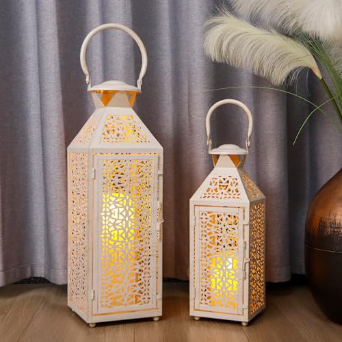 JHY DESIGN Set of 2 Vintage Candle Lanterns 19"&14''H Decorative Metal Candle Holders with Hollow Pattern for Garden Porch Shelf Indoor Outdoor Parties Weddings Patio(White Brushed Gold) - Image 1