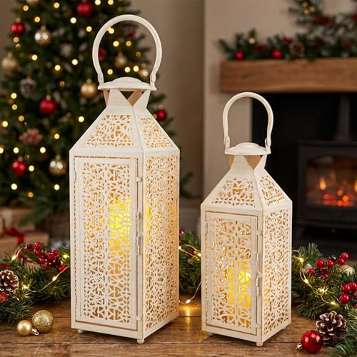 JHY DESIGN Set of 2 Vintage Candle Lanterns 19"&14''H Decorative Metal Candle Holders with Hollow Pattern for Garden Porch Shelf Indoor Outdoor Parties Weddings Patio(White Brushed Gold) - Image 2