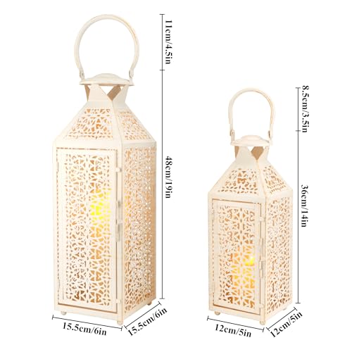 JHY DESIGN Set of 2 Vintage Candle Lanterns 19"&14''H Decorative Metal Candle Holders with Hollow Pattern for Garden Porch Shelf Indoor Outdoor Parties Weddings Patio(White Brushed Gold) - Image 3