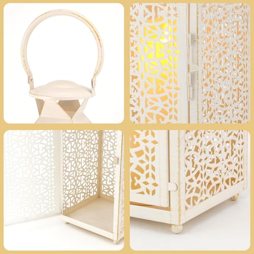 JHY DESIGN Set of 2 Vintage Candle Lanterns 19"&14''H Decorative Metal Candle Holders with Hollow Pattern for Garden Porch Shelf Indoor Outdoor Parties Weddings Patio(White Brushed Gold) - Image 4