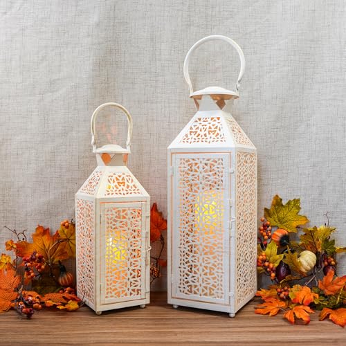 JHY DESIGN Set of 2 Vintage Candle Lanterns 19"&14''H Decorative Metal Candle Holders with Hollow Pattern for Garden Porch Shelf Indoor Outdoor Parties Weddings Patio(White Brushed Gold) - Image 5
