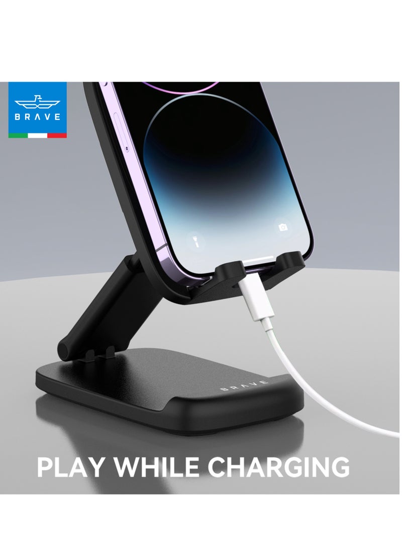 Brave Foldable Phone Holder for Desk - Adjustable Height Portable Cell Phone Stand, Durable Desk Base Compatible with iPhone 16, 15, 14, 13 Pro Max, Mini, 12, 11, XR, X, 8 Plus, SE, Samsung S25, S24, S23, S22, S21, iPad Mini, Tablets and All Smartphones (Black) - Image 4