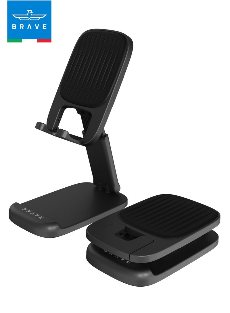 Brave Foldable Phone Holder for Desk - Adjustable Height Portable Cell Phone Stand, Durable Desk Base Compatible with iPhone 16, 15, 14, 13 Pro Max, Mini, 12, 11, XR, X, 8 Plus, SE, Samsung S25, S24, S23, S22, S21, iPad Mini, Tablets and All Smartphones (Black) - Image 1