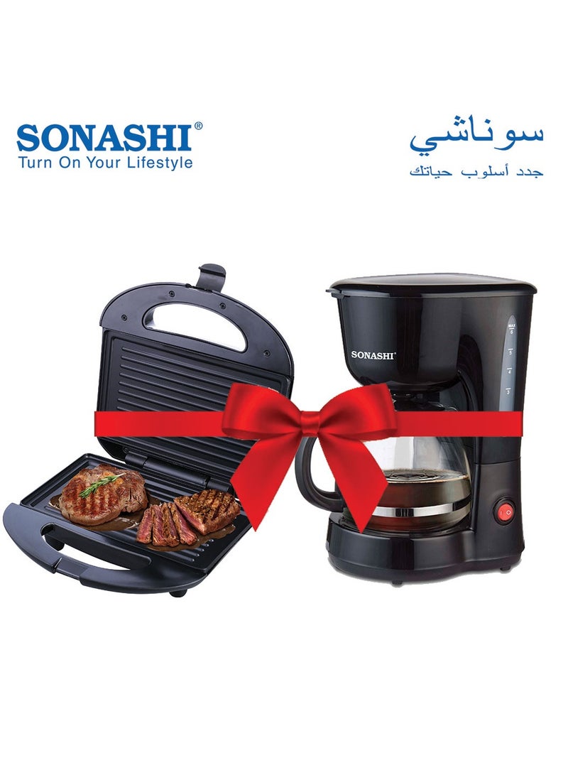SONASHI 2-Slice Non-Stick Sandwich Grill Maker With Drip Coffee Maker Bundle 2 Slices 750 W SGT-853 + SCM-4920 Black - Image 1