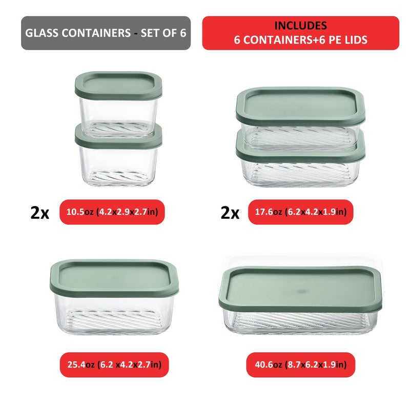 EATEX 6 Pack Glass Meal Prep Containers with Grooved Base, 6 Stackable BPA Free Glass Storage Containers with Lids for Lunch, Pantry, and Kitchen - Microwave, Dishwasher Freezer & Oven Safe - Sage - Image 2
