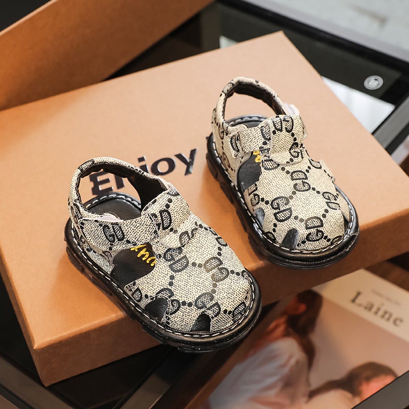 Baby Summer Sandals Breathable Soft Sole Fashion LED E56 beige non-flashing light 