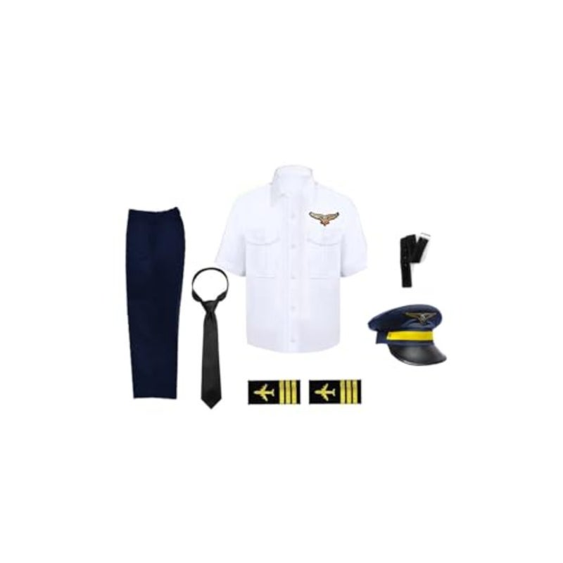 Pilot Uniform Outfit Costume Set - Professional Airline Style Shirt, Pants, Hat, Tie and Badge Details For Boys and Girls Cotton Blend Blue and White 3 PCS Set - Image 3