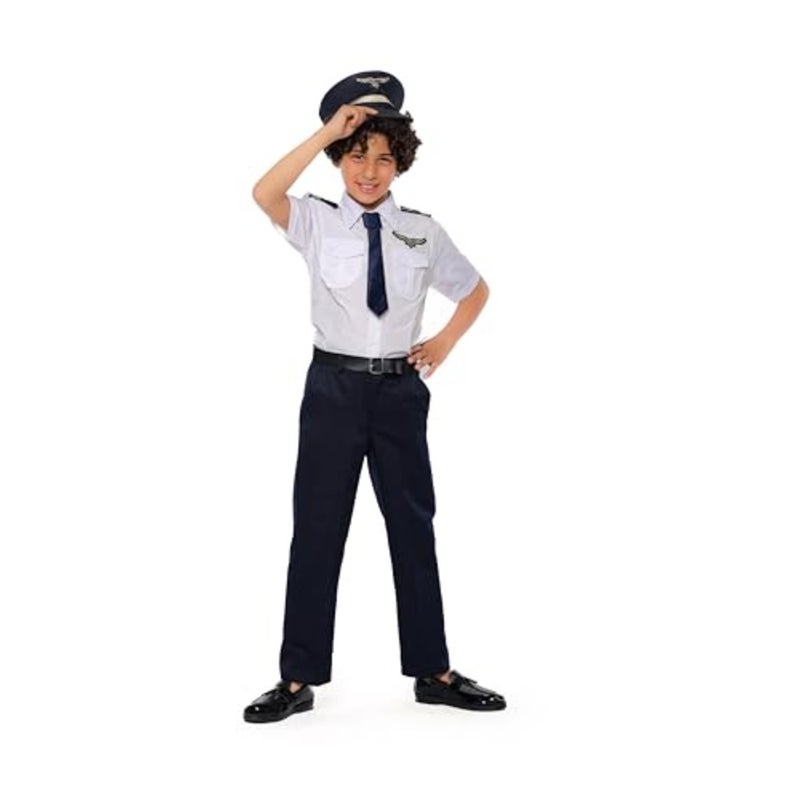 Pilot Uniform Outfit Costume Set - Professional Airline Style Shirt, Pants, Hat, Tie and Badge Details For Boys and Girls Cotton Blend Blue and White 3 PCS Set - Image 2