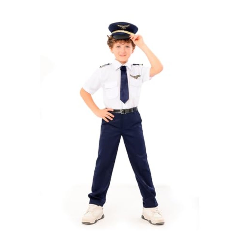 Pilot Uniform Outfit Costume Set - Professional Airline Style Shirt, Pants, Hat, Tie and Badge Details For Boys and Girls Cotton Blend Blue and White 3 PCS Set - Image 1