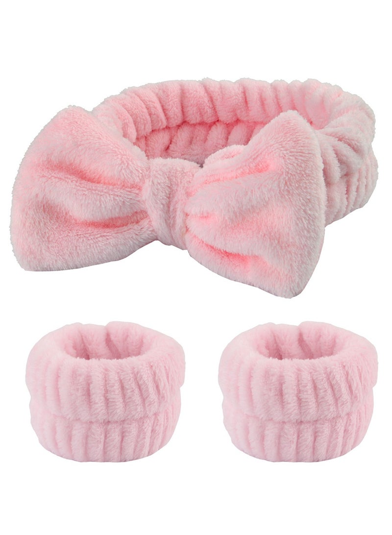 Generic 3Pieces Spa Headband Wrist Washband Scrunchies Cuffs for Washing Face Towel Wristbands Hair Headband Face Wash Wristband for Women Girls Makeup Prevent Liquids from Spilling Down Your Arms pink  - Image 2