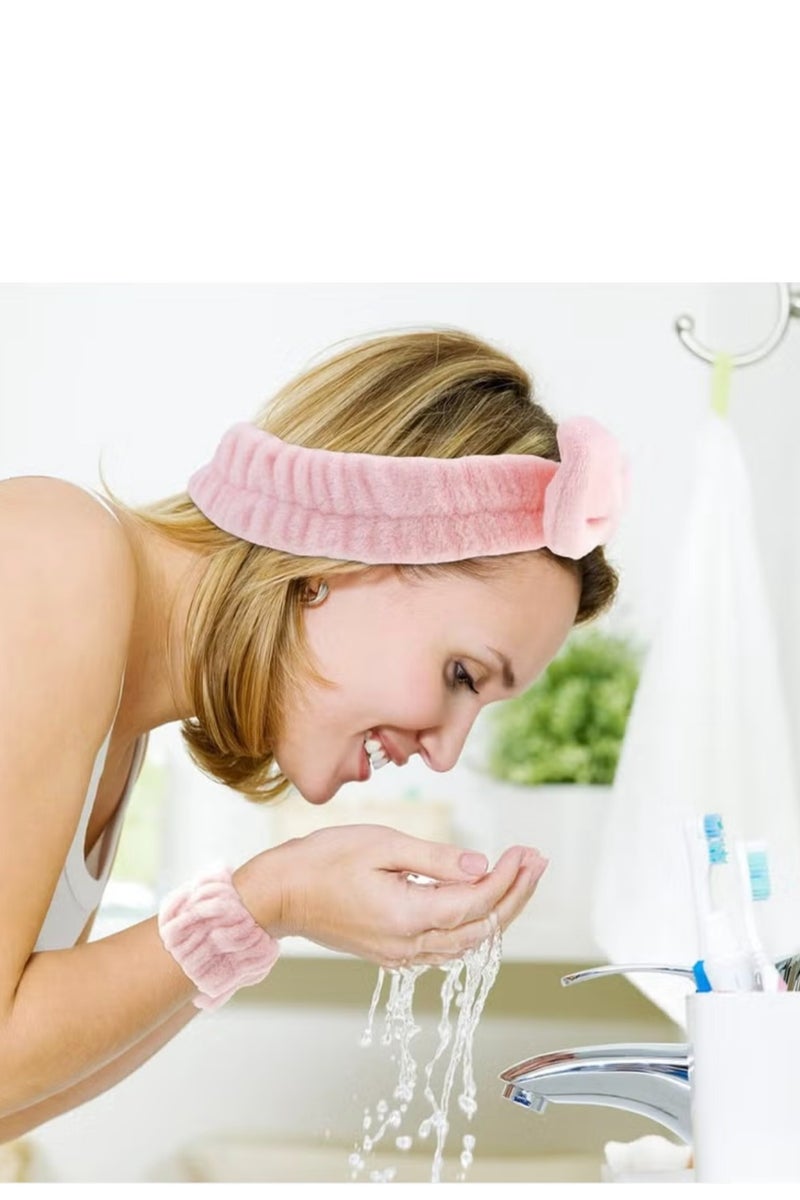 Generic 3Pieces Spa Headband Wrist Washband Scrunchies Cuffs for Washing Face Towel Wristbands Hair Headband Face Wash Wristband for Women Girls Makeup Prevent Liquids from Spilling Down Your Arms pink  - Image 3