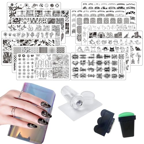 VNC 21 Pcs Nail Stamp Plates Set 16 Plate 2Stamper and 2 Scraper 1storage Bag Nails Art Stamping Plate Scraper Stamper Set Leaves Flowers Animal Nail Plate Template Image Plate Set - Image 1