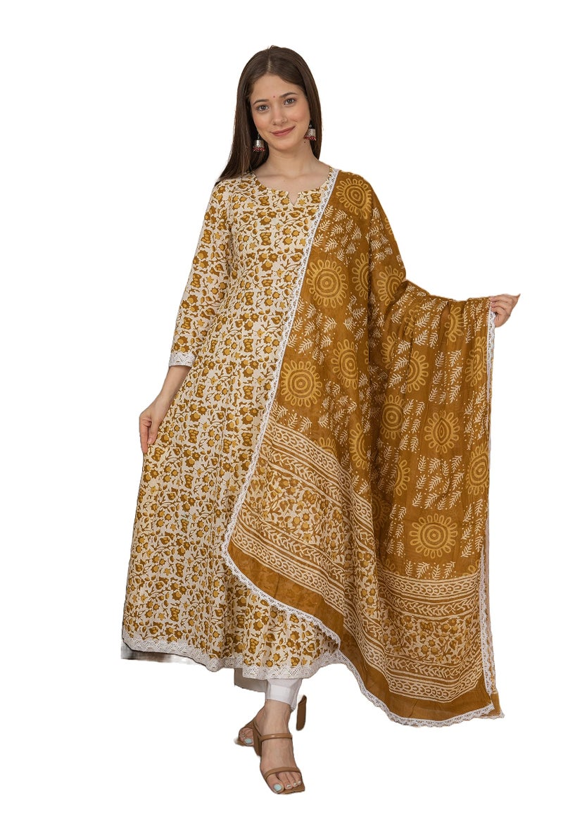 MEERA FAB Women Cotton Blend Printed Anarkali Kurta with Palazzo & Dupatta Set, Mustard, 7XL - Image 1
