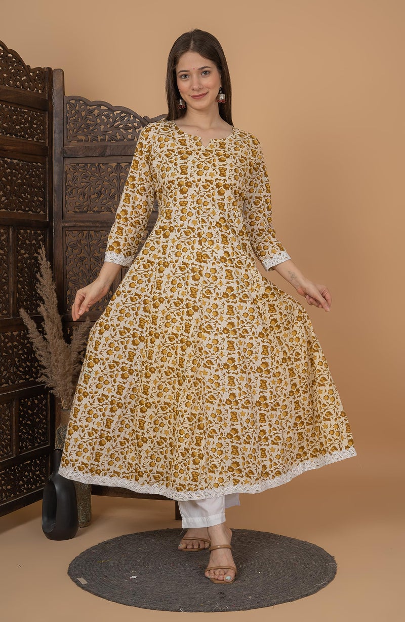 MEERA FAB Women Cotton Blend Printed Anarkali Kurta with Palazzo & Dupatta Set, Mustard, 7XL - Image 5