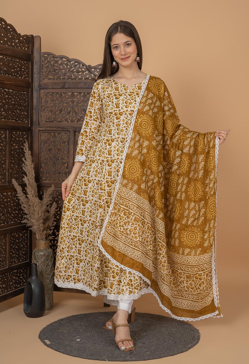 MEERA FAB Women Cotton Blend Printed Anarkali Kurta with Palazzo & Dupatta Set, Mustard, 7XL - Image 2