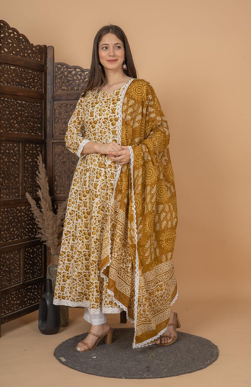 MEERA FAB Women Cotton Blend Printed Anarkali Kurta with Palazzo & Dupatta Set, Mustard, 7XL - Image 3