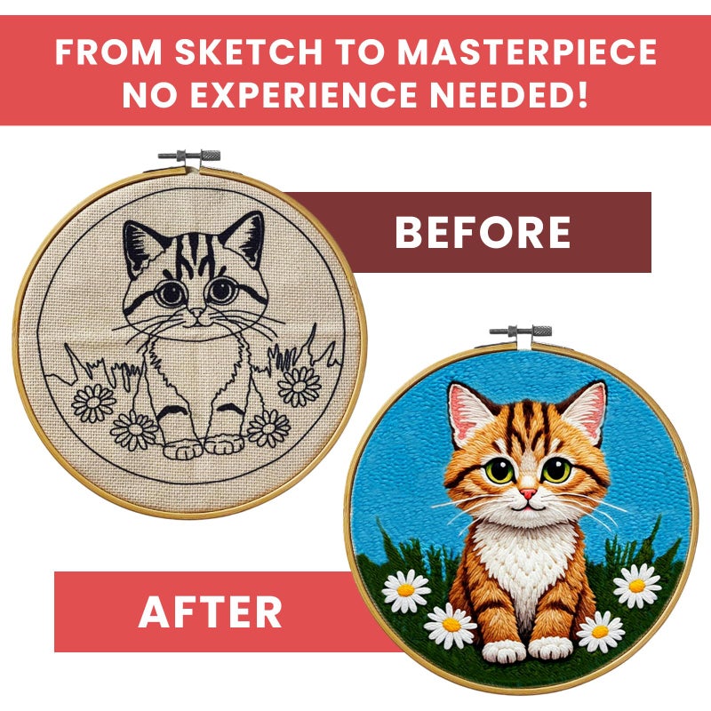 Eflin Punch Needle Kits Adults Beginner - Needlepoint Kits for Adults, Cute Cat & Daisy Pattern, Natural Bamboo Hoop, Yarns, Tools, Craft Kits for Beginners, Rare Gift for Crafts, Decors, Festivals - Image 4