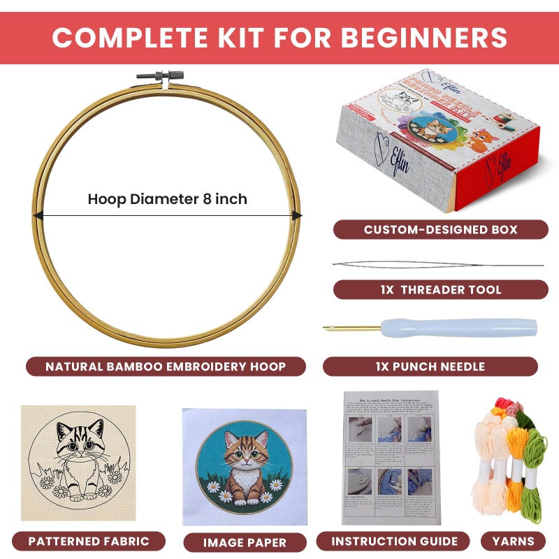 Eflin Punch Needle Kits Adults Beginner - Needlepoint Kits for Adults, Cute Cat & Daisy Pattern, Natural Bamboo Hoop, Yarns, Tools, Craft Kits for Beginners, Rare Gift for Crafts, Decors, Festivals - Image 2