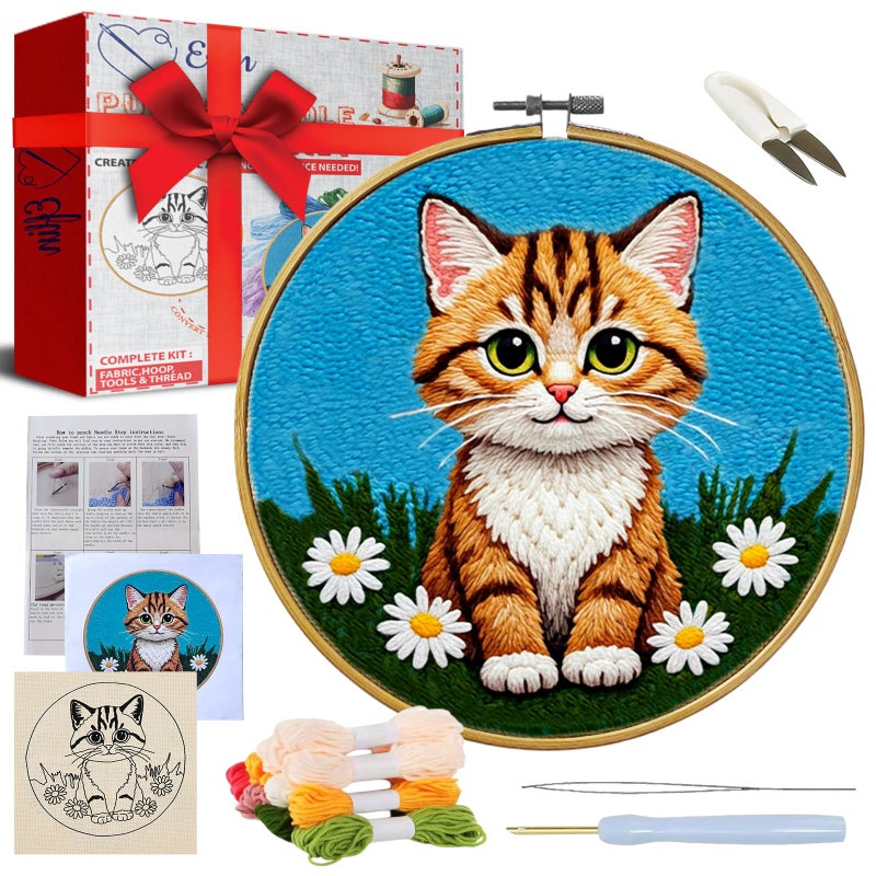 Eflin Punch Needle Kits Adults Beginner - Needlepoint Kits for Adults, Cute Cat & Daisy Pattern, Natural Bamboo Hoop, Yarns, Tools, Craft Kits for Beginners, Rare Gift for Crafts, Decors, Festivals - Image 1