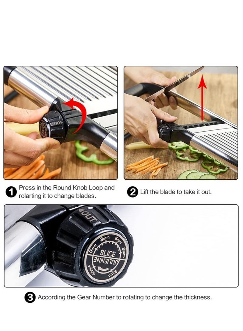 قطاعة الطعام ماندولين للمطبخ، مفرمة خضروات وفواكه قابلة للتعديل من الفولاذ المقاوم للصدأ لبطاطس وبصل وطماطم، قاطعة جولين - Image 4