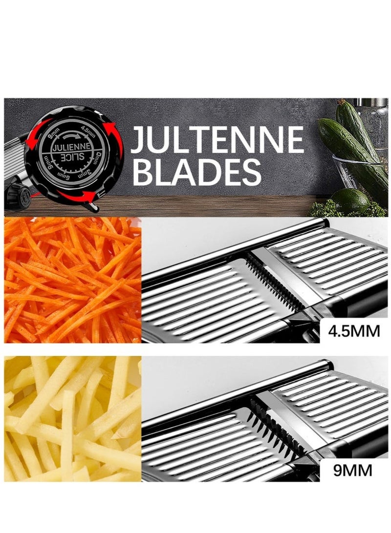 قطاعة الطعام ماندولين للمطبخ، مفرمة خضروات وفواكه قابلة للتعديل من الفولاذ المقاوم للصدأ لبطاطس وبصل وطماطم، قاطعة جولين - Image 3