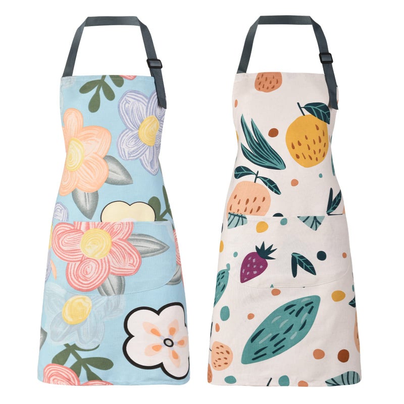 ARBINSON 2 Pack Floral Apron for Women with Pockets  Adjustable Cotton Chef Aprons for Kitchen  Cooking  BBQ & Grill (Orange/Floral) - Image 2