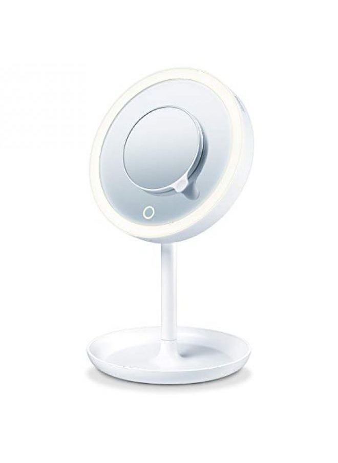 Beurer Illuminated 5x Vanity and Cosmetics Mirror, Touch Sensor Surface, Storage Tray, With Portable, Magnetic Magnifying MakeUp Mirror, White LED Light and Dimmer, Cordless, 360° Rotation, BS45